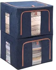 Tasmegol Steel Frame Storage Box Stackable Foldable Clothes Bins Linen Cloth Closet Containers Organizer Bags for Clothing Sweater Bedding Blanket Under Bed Storage (Navy 2 Pack 100L)