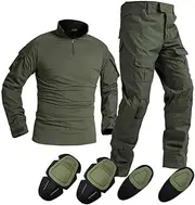 Outdoor Sports Airsoft Gear Jungle Hunting Clothes Woodland Shooting Shirt Pants Set Battle Dress Uniform BDU Set Tactical Combat Camouflage Clothing with Kneepad Elbow Pads - Green - S