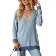 Women's Lace V Neck Contrast Colour Long Sleeve Tops - Light Blue