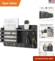 Rustic Wall Mail Organizer with 8 Key Hooks and Floating Shelf - 16.8" x 10"