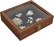 MOOCA Tempered-Glass Top Small Wooden Jewelry Display Case with Removable Black Luxurious Velvet Jewelry Display Pad, Deeper 2.2" Design for Collectibles, Brown Color.