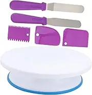 KICHOUSE 1 Set 6PCS Manual Cake Turntable with Spatula and Scraping Board Non Slip Rotary Base for Easy Cake Decorating and Serving Plastic Baking Tools for Home Use