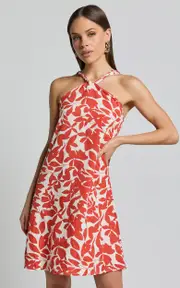 Vicki Mini Dress - Halter Neck A Line Dress in Red Leaf Print