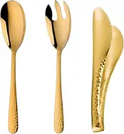 [Ymeibe] Salad Spoon and Fork Stainless Steel Tong Serving Set, Heavy Duty Hammered Finish Serving Utensils Large Salad Servers for Kitchen Party Buffet Supply (Gold)