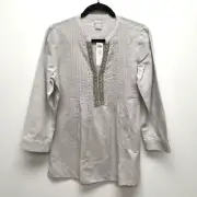 Chicos Women Stone Gray Linen Blend Solid Embellished Long Sleeve Tunic Top S