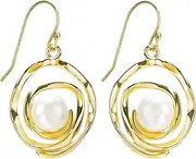 [ELESAXISG] 18k Gold White Pearl Earrings For Women Trendy Comfy Aesthetic Wire Wrap Statement Pearls Dangle Earrings Engaged Wedding Bridesmaid Hanging Jewelry Gifts, Sterling Silver Pearl, Pearl