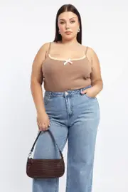 Brown Lace Trim Singlet Top