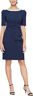 [Alex Evenings] Women's Short Stretch Crepe Sheath Cocktail Dress with Embellished Neckline and Puff Shoulder Elbow Sleeves