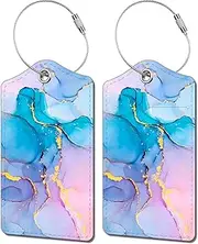 [BestEioyo] 2 Pack Luggage Tag for Suitcase, Cute Unique Leather Bag Tags Identifiers Privacy Cover ID Label with Durable Steel Loop for Women Men Kids Girls Travel，Marble Blue