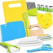 17 Pieces Wooden Kids Safe Kitchen Knife Set Include Wood Kids Safe Serrated Edges Plastic Toddler Knife, Crinkle, Sandwich Cutter, Y Peeler, Cutting Board