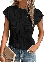 [OOHOKAY] Women's Short Sleeve Tops Textured Casual Round Neck Blouse Solid Basic T-Shirts Summer Blouse Tee Tops