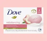NEW! DOVE (4-BARS) 3.75 Oz. ●REBALANCING● White Peach/Rice Milk Beauty Bars.