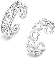 [LeCalla] 2 Pcs 925 Sterling Silver Toe Rings for Women | Alternating Open Hearts and Hawaiian Leaf Open Adjustable Toe Ring Band | Minimalistic Summer Beach Foot Jewelry