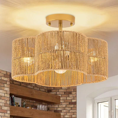 4-Light Rattan Semi Flush Mount Ceiling Light, 15" Boho Light Fixture with Hand-