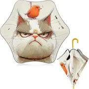 [ODAWA] Angry Cat Kid Umbrellas Stick Umbrella with Classic J Hook Curved Handle Umbrellas for Rain