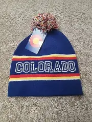 COLORADO Beanie Cap Knit Toboggan Pom Pom Puff Purple Pink White Striped Winter