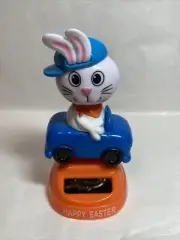 New Solar Powered Dancing Toy BobbleHead Easter Bunny In Little Blue Car