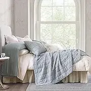 HiEnd Accent Stella Faux Silk Velvet Double Box Stitch 3 Piece Quilt Set, Full Queen Size, Light Blue Solid Color, Classic Chic Modern Rustic Elegant Bedding Set, Lightweight Bed Set