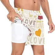 [GuoChe] Swim Trunks for Men Mens 2In1 Running Shorts Valentines Cute Orange Hearts Love Doodle Phone Pocket Swimming Board