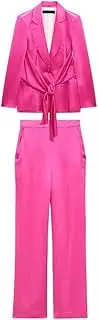[Zadaos] Womens Long Sleeve Bow Lacing Silk Satin Texture Solid Blazer High Waist Elastic Waist Straight Pants Suit