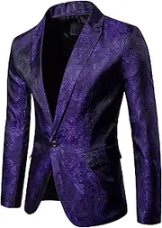 [DGHM-JLMY] Men Slim Fit Shawl Lapel Blazer Coat Regular Fit Suit Floral Blazer Jacket Business Jacquard Tuxedo Party Dinner, Purple 2, X-Large