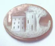 NOS Antique Hand Carved Oval Shell CAMEO Stone House & Tree Scene #N442