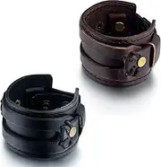[Flongo] Men's Punk Rock 2PCS Alloy Wide Large Vintage Leather Cuff Bangle Bracelet Fits 7-9 inch Wrist Snap Adjustable Wide Leather Mens Womens Bangle Cuff Bracelet