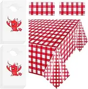 Flutesan 30 Pcs Disposable Crawfish Bibs and 2 Pcs 54 x 108 Inch Plastic Red Gingham Checkered Tablecloths Crawfish Boil Accessories Set for Seafood Crawfish Party Supplies for Restaurants, Picnic