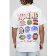 Mens White Oversized Man Beer Coaster Graphic T-Shirt