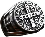 [Ymall] Men's Religious Cross Ring, Titanium Cast, Latin Prayer Design, Vintage Style, Silver Tone