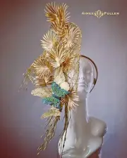 Aimee Fuller Teal Butterfly Hat Gold Palm Leaf Kentucky Derby Fascinator Ascot