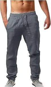 [Generic] Men’s Cotton Linen Pants Drawstring Elastic Waist Summer Casual Loose Fit Lightweight Beach Jogger Lounge Trouser