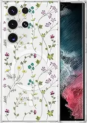 [RALEAVO] for Samsung Galaxy S23 Ultra Case Compatible with MagSafe Clear Floral Case with Flower Branch Pattern for Girls Women Slim Cute Hard Back Shockproof S23 Ultra Phone Case,Transparent