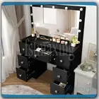 Black Dressing Table Vanity Desk With Large Makeup Mirror 7 Drawer &Crystal Pull