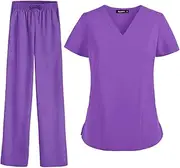[yuksok] Nurse Work Uniforms Workwear Women's Scrub Set, Unisex with Pockets Breathable Hospital Uniform V Neck Scrub Top and Trousers