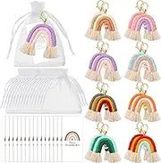 Nosiny Mini Rainbow Macrame Keychains Rainbow Party Favors Organza Bags Thank You Tags for Birthday Bridal Baby Shower Wedding Guest Gifts Bohemian Hippie Party Supplies (8 Set)