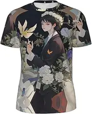 [DRTGEDS] Gardenia Flowers Birds Men's Mesh Short Sleeve Round Neck T Shirts Party Tops for Beach Gatherings, Black, Large