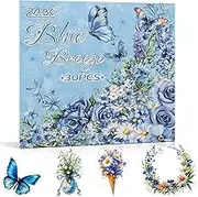 Uideyvi Blue Butterfly Garden Theme Sticker Scrapbooking Supplies for Junk Journal, 30 Sheets PET Stickers - Vintage Journaling Stickers, Ephemera Sticker Book Pre Cut(TZ-005-002)