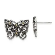 Stainless Steel Antiqued And Polished Marcasite Butterfly Post Earrings