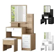 ALFORDSON Dressing Table Stool Set, Vanity Makeup Desk with Mirror, Chair, Shelves and Storage Cabinet, Vanity Dresser Organiserwith Drawers for Bedroom Dressing Room, Wood White Color