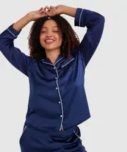 Bras N Things Liquid Satin Long Sleeve Top in Navy size 16
