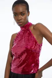 Layered Sequin Woven Halter Top