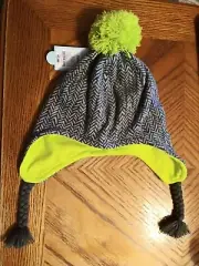 Cat & Jack Size OSFM Hat Ears Covered Pom on top Gray Creme & Lime Green