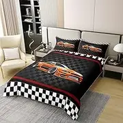 100% Pure Cotton Racing Car Duvet Cover Set Queen for Kids Boys Vintage Car Cool Sports Bedding Set Black White Grid Geometry Comforter Cover with 2 Pillowcases,Not Comforter