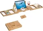 Bath Caddy Tray,Bamboo Tray with Adjustable Tablet Holder,Wine Glass Slot,Towel