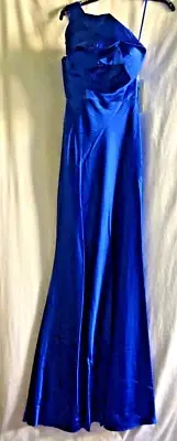 NWT Cinderella Women devine BLUE SATIN SINGLE SHOULDER RUFFLED GOWN XS