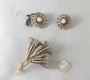 Vintage Joseph Mazer Jomaz Enamel Rhinestone Faux Turquoise Brooch & Earring Set