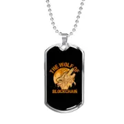 Blockchain Wolf Crypto Necklace Stainless Steel or 18k Gold Dog Tag 24" Chain