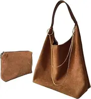 WLDDFF 2024 Suede Hobo Bag, Retro Suede Tote Bag, Suede Bags for Women, Slouchy Suede Shoulder Bag, Burgundy Suede Handbag