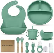 11 Pieces Baby Weaning Set - BPA-Free Silicone Strong Suction Plate, Bowl, Cup w/lid, Spoon, Fork, Bib w/Catcher - Microwave & Dishwasher Safe Silicone Baby Feeding Set w/Fruit Feeder, & Toothbrush